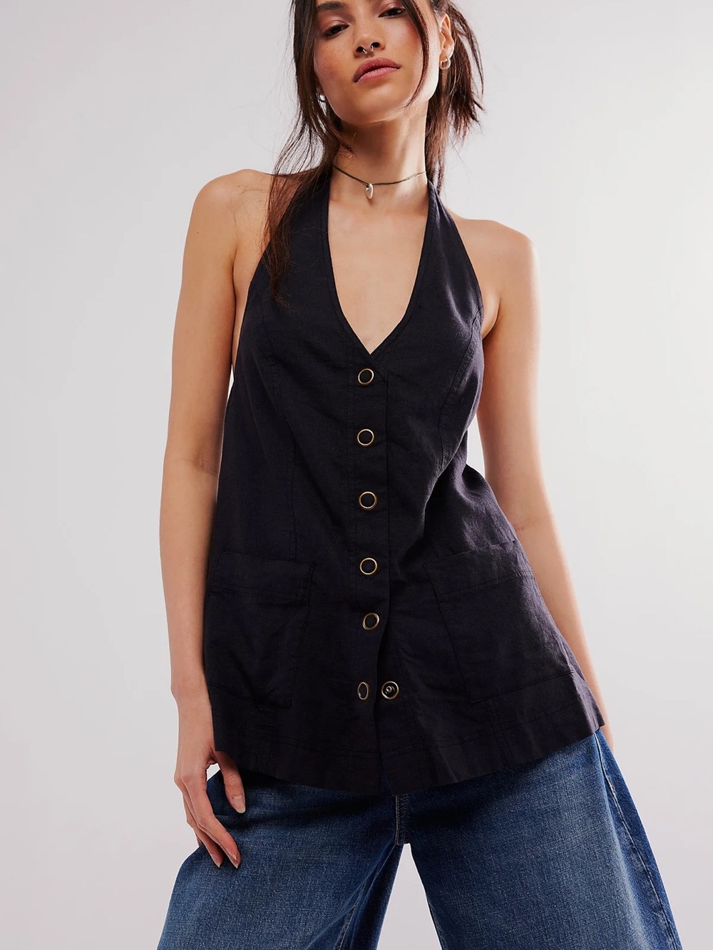 Free People Black Halter V-Neck Button-Front Camisole
